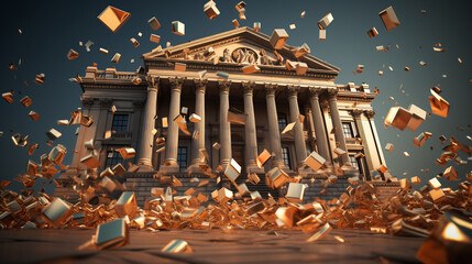 Golden British pound sign breaks an ancient bank building into halves. 3D illustration of the concept of the impact and crisis of falling price of UK sterling Generative AI