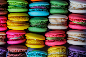 Close up  macaron dessert  pastel tones  isolated on white background , It is a dessert made from meringue with egg white, iced sugar, white sugar, almond powder  And food  shape like a sandwich.