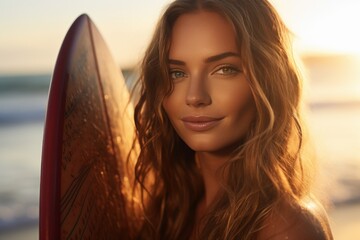 a close-up photo portrait of a beautiful attractive athletic fit american caucasian surfer girl holding a surfboard in her hands. ocean and beach blurry in the background. Generative AI