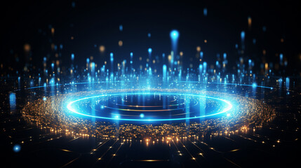 Fototapeta premium Abstract background. Motion swirl. Glowing circle. Bright spiral. Glow podium. Empty Scene. Space tunnel. Light ellipse. Glint galaxy. Oval stage. Led studio. Lens flare. Generative AI