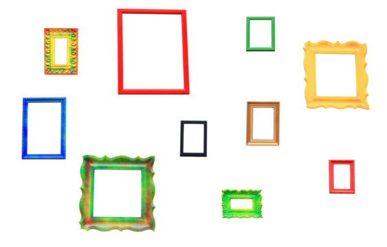 Empty multicolored photo frames isolated on transparent background. Different painted photoframes cutout
