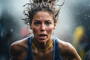 A woman running a marathon, her face determined and her body covered in sweat - obrazy, fototapety, plakaty
