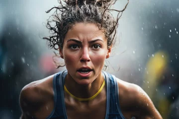 Photo sur Plexiglas Fitness A woman running a marathon, her face determined and her body covered in sweat