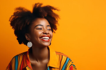 Vibrant Afro Woman with Curly Hair Smiling on Colored Background. Generative AI