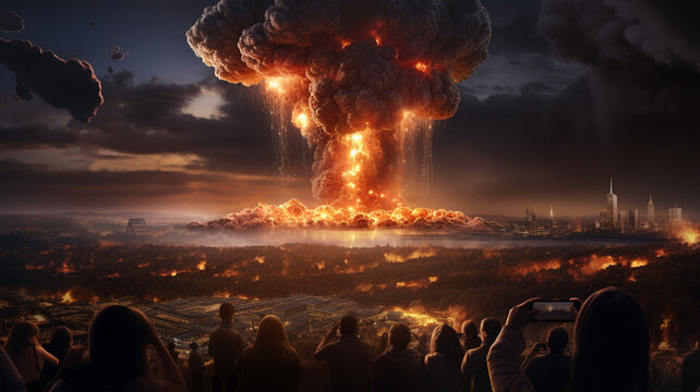 large nuclear explosion with mushroom cloud in the city people are taking pictures with their phones