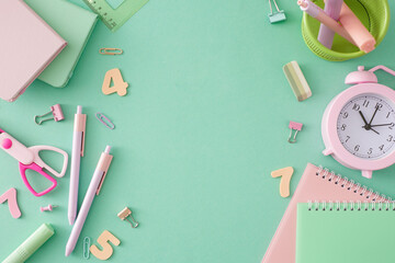 Engage with the educational process. Top view photo of educational tools, pink alarm clock,...