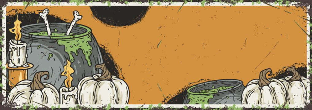 Trick or treat halloween cementary party poster with pumpkins, cauldron and bones