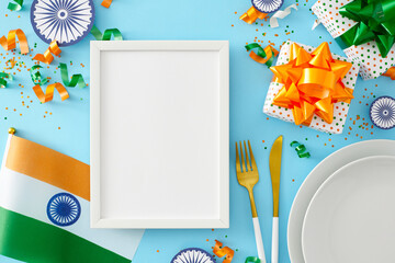 Celebration concept for India Independence Day. Top view photo of national flag, presents, ashoka...