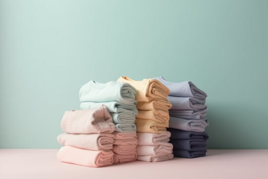 Marie Kondo tyding up method concept - folded kids clothes in pastel colors, copy space