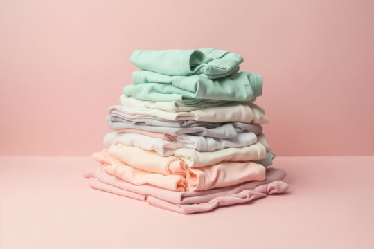 Marie Kondo tyding up method concept - folded kids clothes in pastel colors, copy space
