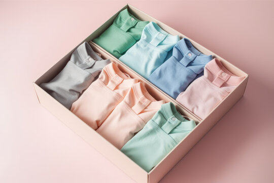 Marie Kondo tyding up method concept - folded kids clothes in pastel colors, copy space