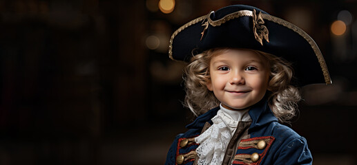 little boy in costume of American revolution war soldier. 4 july independence day of USA concept.