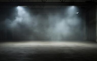 An empty studio with a cement floor, with floodlights above and smoke in the background