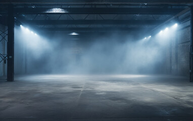 An empty studio with a cement floor, with floodlights above and smoke in the background
