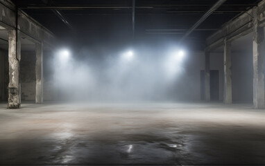 An empty studio with a cement floor, with floodlights above and smoke in the background