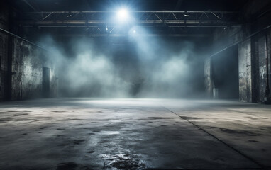 An empty studio with a cement floor, with floodlights above and smoke in the background