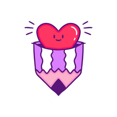 Pencil with heart symbol inside, illustration for t-shirt, sticker, or apparel merchandise. Doodle, retro, and cartoon style.