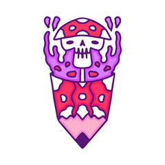 Pencil with mushroom skull inside, illustration for t-shirt, sticker, or apparel merchandise. Doodle, retro, and cartoon style.