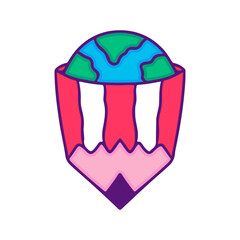 Pencil with earth planet inside, illustration for t-shirt, sticker, or apparel merchandise. Doodle, retro, and cartoon style.