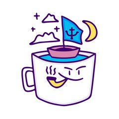 Sailing ship inside a cup of coffee, illustration for t-shirt, sticker, or apparel merchandise. With doodle, retro, and cartoon style.