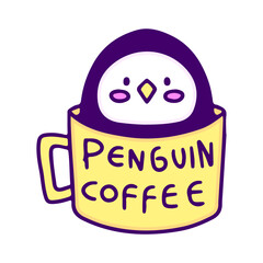 Cute penguin inside a cup of coffee, illustration for t-shirt, sticker, or apparel merchandise. With doodle, retro, and cartoon style.
