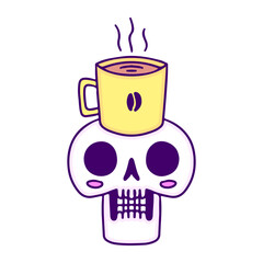 Skull head and a cup of coffee, illustration for t-shirt, sticker, or apparel merchandise. With doodle, retro, and cartoon style.