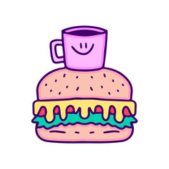 Burger and cup of coffee, illustration for t-shirt, sticker, or apparel merchandise. With doodle, retro, and cartoon style.