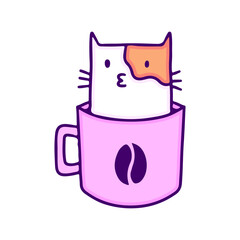 Kawaii cat inside a cup of coffee, illustration for t-shirt, sticker, or apparel merchandise. With doodle, retro, and cartoon style.