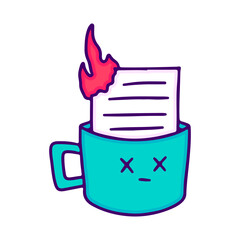 Funny mug with burning paper inside, illustration for t-shirt, sticker, or apparel merchandise. With doodle, retro, and cartoon style.