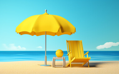 Beach Chair, Yellow Umbrella and Ball, Summer holiday, Time to travel concept