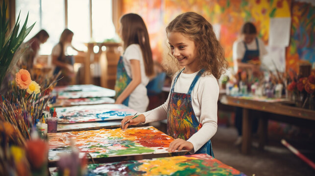 Children painting colorful artwork in an art class, banner, schoolkids, Generative AI