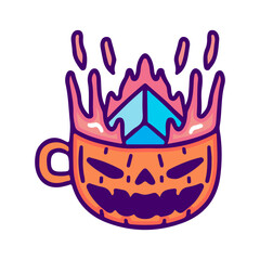 Diamond falling into pumpkin monster cup, illustration for t-shirt, sticker, or apparel merchandise. With doodle, retro, and cartoon style.