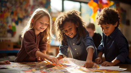 Children collaborating on a group art project, banner, schoolkids, Generative AI