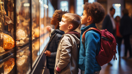 Obraz premium Kids exploring a museum exhibit on a school trip, banner, schoolkids, Generative AI
