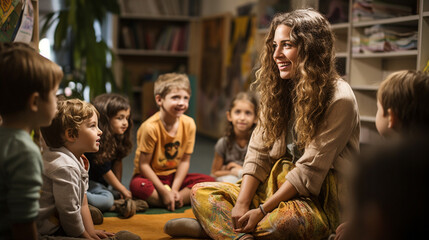 Children enjoying a storytelling session with a librarian, banner, schoolkids, Generative AI
