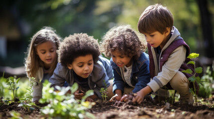 Schoolkids planting seeds in a school garden, banner, schoolkids, Generative AI