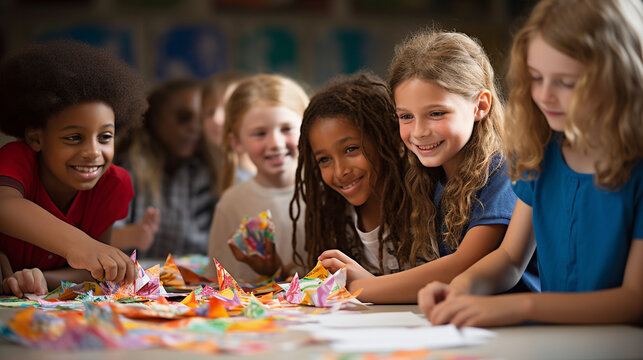 Children collaborating on a group art project, banner, schoolkids, Generative AI