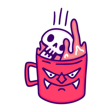 Skull head falling into devil mug, illustration for t-shirt, sticker, or apparel merchandise. With doodle, retro, and cartoon style.