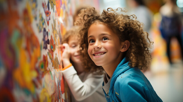 Kids showcasing their artwork in an art exhibition, banner, schoolkids, Generative AI