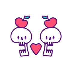 Skulls, apple, and love symbol, illustration for t-shirt, sticker, or apparel merchandise. With doodle, retro, and cartoon style.