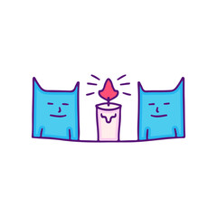 Two of cats with candlelight, illustration for t-shirt, sticker, or apparel merchandise. Doodle, retro, and cartoon style.