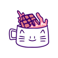 Cute cat cup with chocolate bar inside, illustration for t-shirt, sticker, or apparel merchandise. With doodle, retro, and cartoon style.