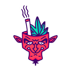 Weed inside a devil head, illustration for t-shirt, sticker, or apparel merchandise. With doodle, retro, and cartoon style.