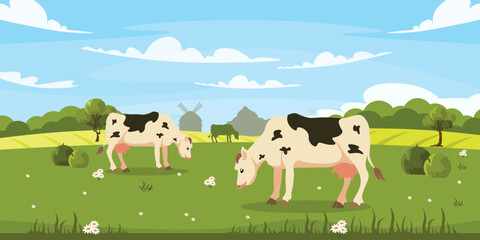 Vector illustration of a flock of cows in cartoon style. Pasture for a group of animals in the open. Grass bushes and trees grow on the field. Rural life.