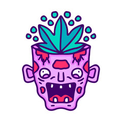 Weed leaf inside zombie head, illustration for t-shirt, sticker, or apparel merchandise. With doodle, retro, and cartoon style.