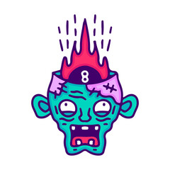 Flaming billiard 8 ball inside zombie head, illustration for t-shirt, sticker, or apparel merchandise. With doodle, retro, and cartoon style.
