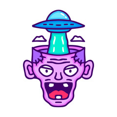 Spaceship and zombie head, illustration for t-shirt, sticker, or apparel merchandise. With doodle, retro, and cartoon style.