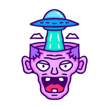 Spaceship and zombie head, illustration for t-shirt, sticker, or apparel merchandise. With doodle, retro, and cartoon style.