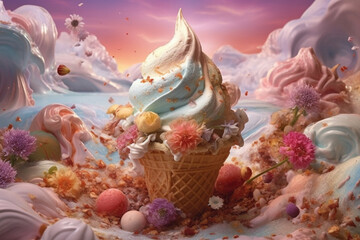 Delicious Giant Ice Cream In a Cone Generative AI