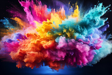 Fototapeta na wymiar Explosion of colored powder. Colorful holi, colorful iridescent splash of holi paint. AI generated